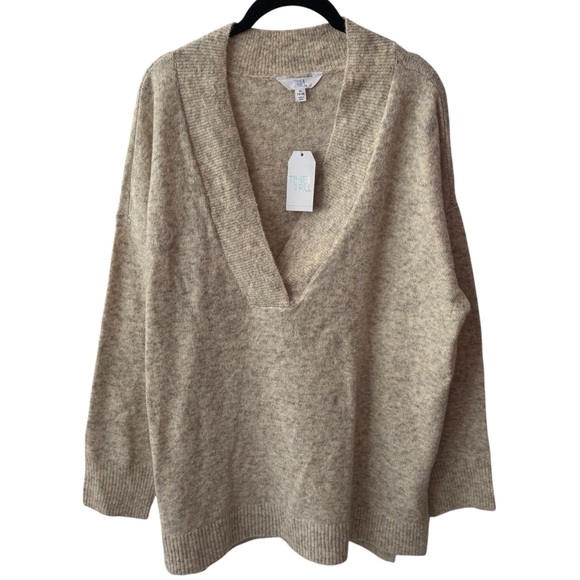 NEW Time and Tru Deep V-Neck Cozy Extremely Soft Sweater Color Oatmeal Size XL - Picture 2 of 11